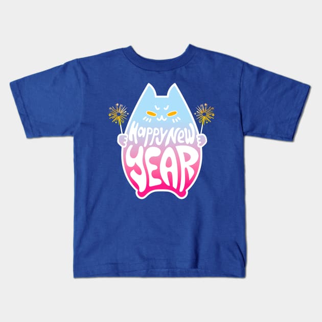 Happy New Year Cat Celebration #4 Pastel Blue Pink Kids T-Shirt by mareescatharsis